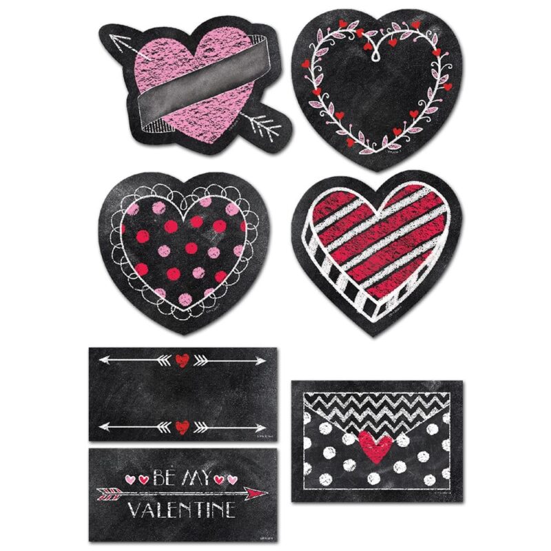 Creative teaching press these chalk it up! Chalk hearts 6" cut-outs are perfect for valentine's day, friendship month, classroom displays, crafts, holiday decorating, and more! The set includes a variety of charming chalk patterns and designsê featuring hearts, arrows, and even an envelope sealed with a kiss. Approximately 6" 42 pieces per package 6 each of 4 heart designs 6 each of 3 card designs use chalkboard marker, poster marker, or paint pen to write on this product.