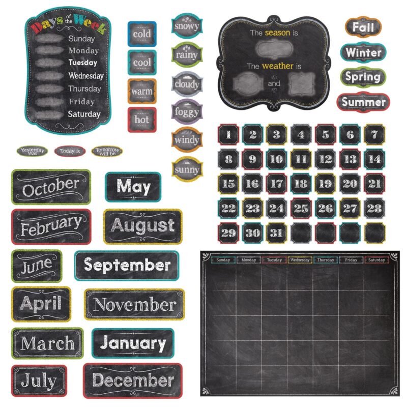 Creative teaching press infuse your classroom with some chalkboard charm! This 67-piece set contains a calendar chart, 12 month headlines, 31 pre-numbered calendar days, and 4 blank calendar days. The set also includes a days-of-the-week chart, a seasons and weather chart, coordinating labels, and a 4-page guide with display ideas, activities, and a reproducible.
