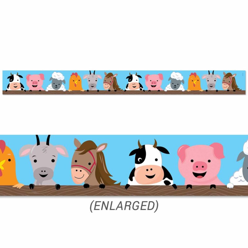 Creative teaching press peek-a-boo, these farm animals are looking at you!   this farm friends farm faces border features a chicken, donkey, horse, cow, pig, and sheep.   these friendly animals will add charm to bulletin boards, doors, and common areas.   perfect for an early childhood farm bulletin board. 35 feet per package
width: 3"