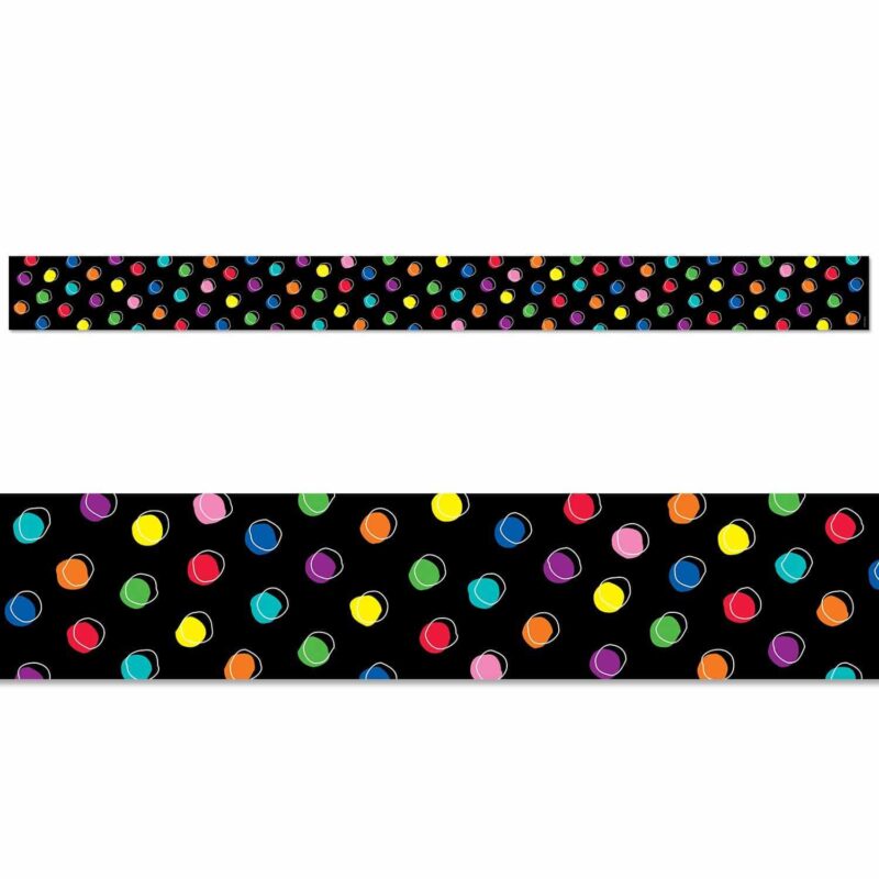 Creative teaching press a must-have polka dot border!   this colorful doodle dots on black border features hand-drawn colored dots and white circles on a bold black background.   this updated version of simple polka dots will easily complement a variety of bulletin boards and themes.    the cheerful rainbow-colored dots are perfect for use on just about any bulletin board or in any grade classroom.   those who love our popular dots on black décor, will love this border.    35 feet per package
width: 3"