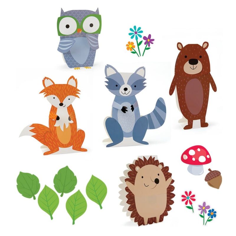 Creative teaching press the cute and furry animals in this stand-up woodland friends bulletin board will add 3-d fun to any classroom space. These large woodland animals assemble in just minutes.   they can be used in a variety of classroom displays and themes: science, nature, outdoors, animals, and camping.    they are also great for use at summer camps or vacation bible school.  
this woodland animal bulletin board set includes:
* measurements are for assembled 3d pieces fox  (8. 5"w x 9. 5"h x 2. 25"d)
owl  (5. 5"w x 7. 5"h x 2. 75"d)
hedgehog  (6. 25"w x 8"h x 2. D)
bear  (6"w x 10. 25h x 2. 25"d)
raccoon (8"w x 9. 5"j x 2. 125"d)
5 green leaves  (approx. 3. 75"w x 6. 25"h) non-3d piece
1 acorn  (3"w x 4"h) non-3d piece
3 flowers (approx. 3. 5" w x 4. 25"h) non-3d piece
1 toadstool (5. 25"w x 5. 25"h) non-3d piece bulletin board set also includes assembly instructions.  
