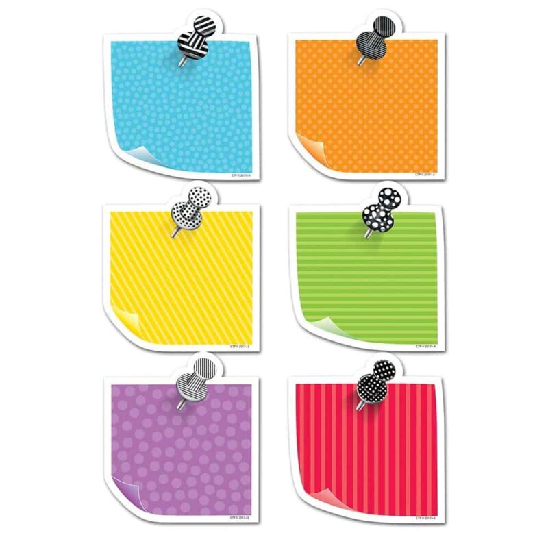 Creative teaching press simple and colorful, these sticky notes 3" designer cut-outs are a fun, versatile accent for any classroom project or display! The bright colors of these paper cut-outs are accented with playful dotted and spotted push pins for a charming look. 36 pieces per package 6 each of 6 colors: turquoise, orange, yellow, lime green, purple, and red approximately 3" note: this product does not have adhesive. Tip: add any content (e. G. Math facts, vocabulary words, or science photos, etc. ) to cut-outs to make flashcards, learning cards, or other classroom activity cards.