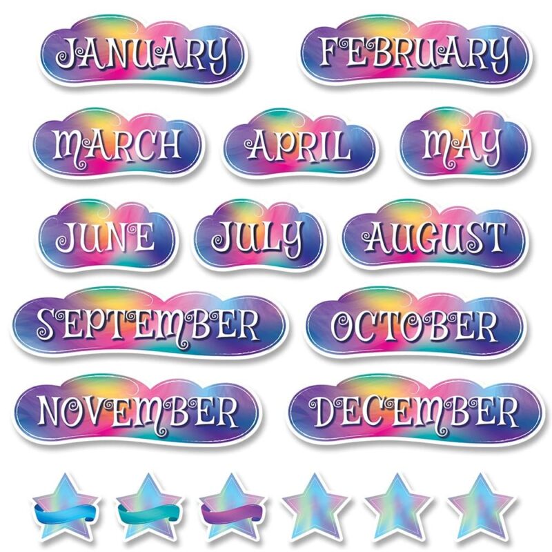 Creative teaching press give your monthly calendar display an enchanting look with these mystical magical months of the year.   these month headlines are great for use with a calendar chart during a daily calendar lesson or circle time.   included in the set are 12 month headlines and 6 bonus shining star cut-out accents.   
sizes range from approximately 15" to 20" x 5" to 5¼"
mini bulletin board set also includes an instructional guide with display ideas and classroom lesson activities.  