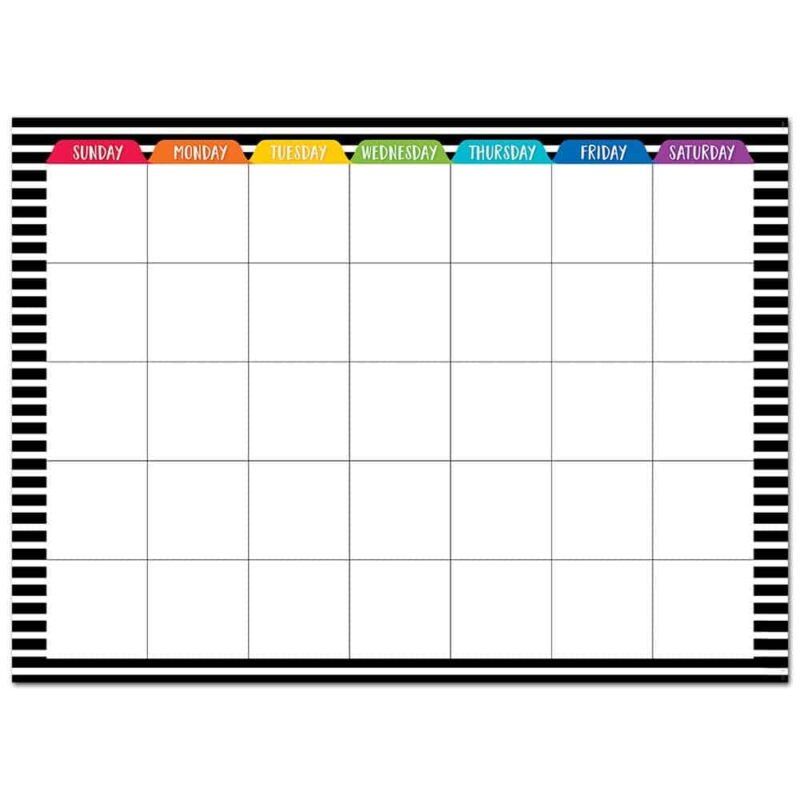 Creative teaching press add bold patterns and bright colors to any calendar display with this bold & bright calendar chart. Features big squares for writing in dates or for posting calendar days, 3" calendar cut-outs, or 3" designer cut-outs. Use this large calendar during any daily calendar lesson or circle time at a preschool, elementary school, or daycare. Chart measures 28" x 22" pair with ctp 6948 bold & bright calendar days and ctp 1172 bold & bright months of the year.