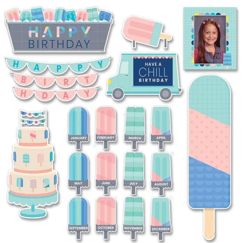 Creative teaching press this 21-piece calm & cool happy birthday mini bulletin board will make students feel special on their big day.   the ice pop theme is complete with yummy ice pops for each month of the year, a birthday cake with an ice pop frosting design, an ice cream truck, a "happy birthday" pennant banner, and more!   "happy birthday" sign that features ice pops in a bucket (13" x 5. 5")
12 month ice pops (3. 75" x 7. 25")
photo frame (7. 5" x 6") (holds 4" x 6" photo)
"happy birthday" pennant banner (35" x 1. 75")
large ice pop accent (5. 25" x 20. 25")
ice cream truck (8. 75" x 5. 5")
ice cream truck sign (5. 75" x 3")
tiered birthday cake (5. 5" x 11. 5") calm & cool is a décor collection that uses simple patterns and soft colors to evoke a feeling of calmness and soothe the senses.   the result is a comforting classroom environment that promotes concentration, cohesiveness, and contentment. Mini bulletin board set also includes an instructional guide with display ideas and classroom lesson activities.  