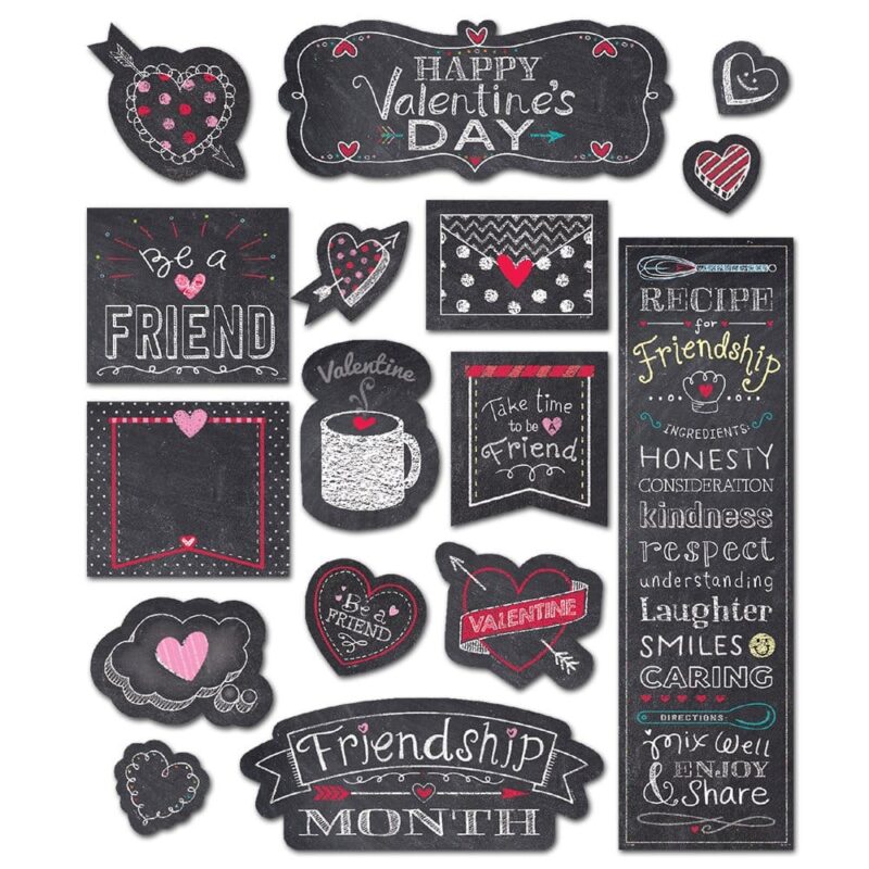 Creative teaching press celebrate valentine's day and friendship month with this chalk it up! Chalk hearts valentine-themed mini bulletin board. The versatile pieces in this set will create a festive valentine display, as well as encourage students to be a friend. This set can be used to enhance your february calendar, showcase student work, label valentine's day activity stations, or create a friendship-themed bulletin board. Use all the pieces in one display or sprinkle them throughout the classroom or hallway. This 25-piece set includes an assortment of hearts, heart-themed blank cards, a happy valentine's day title sign, a "recipe for friendship" poem, a "friendship month" title sign, as well as other friendship and valentine-related pieces. This mini bulletin board set also includes an instructional guide with display ideas and classroom lesson activities. Use a chalkboard marker, poster marker, or paint pen to write on this product. Tip: display the "recipe for friendship" poem included in this set in your classroom. Read the poem aloud with your students. Use the poem to start a discussion about the "ingredients" that are important in friendship and being a good classmate.