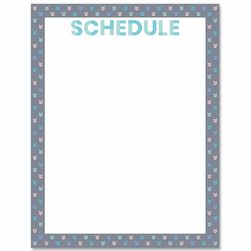 Creative teaching press the modern design of this calm & cool schedule chart features a classic gray background with multi-colored mini chevron pattern.   it is great for a variety of classroom and school settings. This chart features an open writing space that can be easily customized to any class or school schedule.  
calm & cool is a décor collection that uses simple patterns and soft colors to evoke a feeling of calmness and soothe the senses.   the result is a comforting classroom environment that promotes concentration, cohesiveness, and contentment. Chart measures 17" x 22"