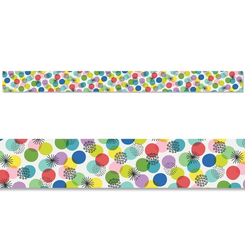 Creative teaching press pop in some color wherever you need it with this color pop border! Multi-colored polka dots are sprinkled with whimsical doodles to create a colorful, easy design that will complement any bulletin board display.   great for use in any school, office, , college dorm, or senior living residence setting. 35 feet per package
width: 3"