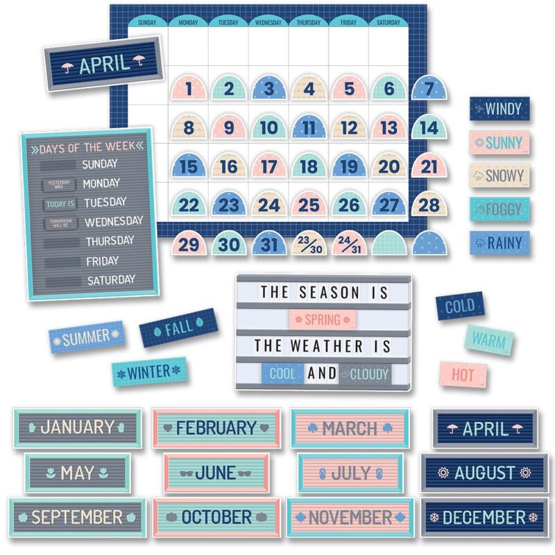 Creative teaching press the calm & cool calendar set bulletin board features serene colors and a simple design to evoke a soothing feeling. Subtle patterns and a fun letter board theme combine to add flair to this modern set. This 67-piece classroom calendar set includes a calendar chart, 12 month headlines, 31 pre-numbered calendar days, and 4 blank calendar days. The set also includes a days-of-the-week chart, a seasons and weather chart, and coordinating labels. The charming look of this set makes it suitable for children and adults of all ages. The 12 month headlines feature seasonal accents: january—mittens
february—hearts
march—shamrocks
april—umbrellas
may—flowers
june—sunglasses
july—flip-flops
august—sunflowers
september—apples
october—pumpkins
november—fall leaves
december—snowflakes calm & cool is a décor collection that uses simple patterns and soft colors to evoke a feeling of calmness and soothe the senses. The result is a comforting classroom environment that promotes concentration, cohesiveness, and contentment.