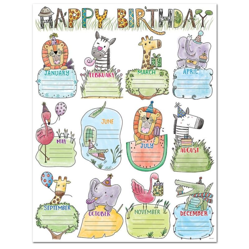 Creative teaching press this safari friends happy birthday chart features a bright and breezy design and colorful animals that will make students feel special on their birthday. This chart is a perfect way to display student birthdays in the classroom, at a day care, in a , or at a preschool. Chart measures 17" x 22" back of chart includes reproducibles and activity ideas to reinforce skills.