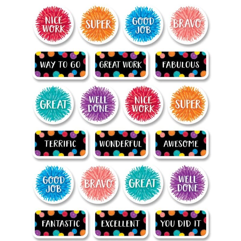 Creative teaching press reward students for outstanding work, great effort, good behavior, and a positive attitude with these cheerful pom-pom rewards stickers. The positive words and colorful designs will brighten any student's day. Approximately 1" x 2"
105 stickers per pack (60 round poms stickers and 45 rectangular stickers)
acid-free