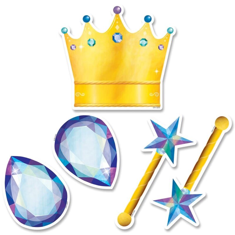 Creative teaching press bring a bit of royalty to your classroom with these crowns and jewels 6" designer cut-outs!   set includes a jewel-studded crown, magical wishing wands, and sparkling gems.   use these colorful cut-outs as labels for storage bins, desk tags, accents on bulletin boards, writing prompts, learning center activities, and more!    60 per package
12 crowns, 24 jewels, and 24 wands