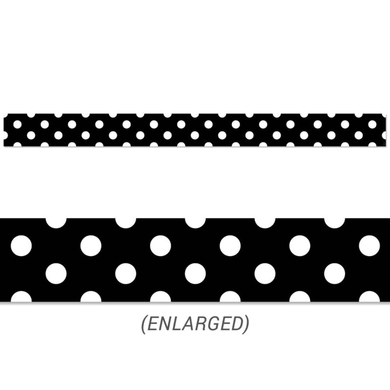 Creative teaching press classic dots in classic colors, this core decor polka dots on black border is perfect for any bulletin board.   the neutral colors and simple style make it perfect to trim bulletin boards in a wide variety of classroom, office, , and school settings. This bulletin board  border can be used alone to create a basic look or layered with another border for a more designer look.   35 feet per package
width: 3"