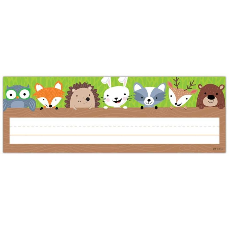 Creative teaching press this woodland friends name plate features cute woodland creatures (owl, fox, hedgehog, rabbit, raccoon, deer, and bear) peeking out from behind a log. Name plates are 9 ½" x 3 ¼" 36 name plates per package