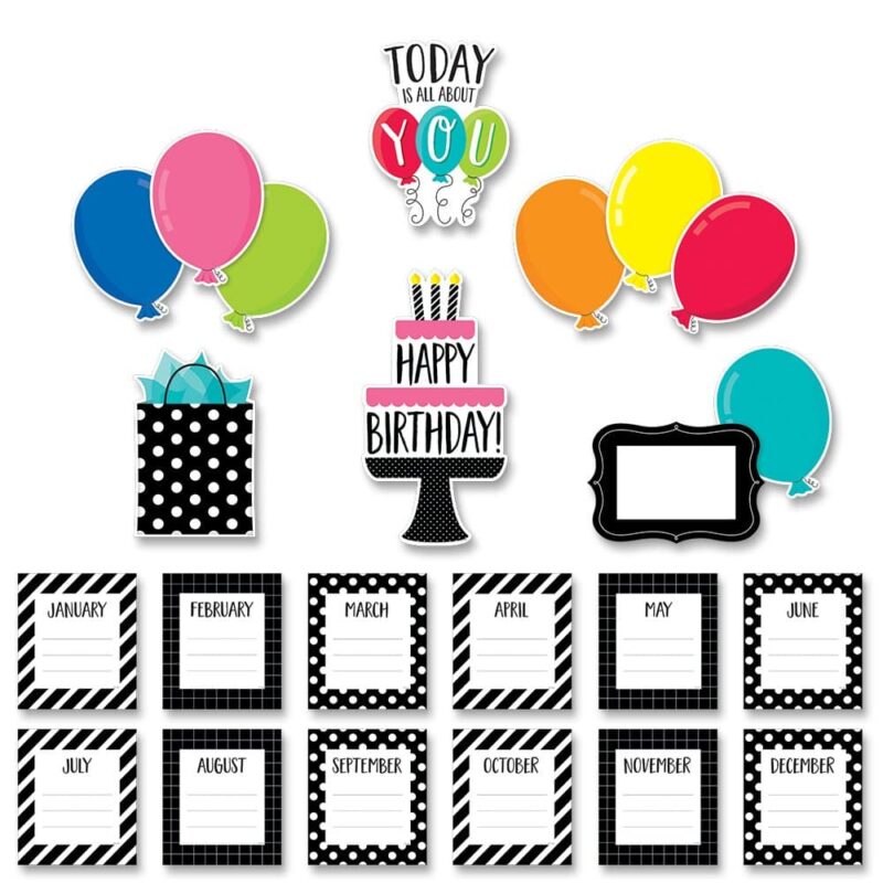 Creative teaching press say happy birthday in style with this core decor happy birthday mini bulletin board.   the classic colors and prints are paired with bright, happy colors to create a vibrant happy birthday display.   perfect for use in any classroom, , daycare, camp, or school setting! This 23-piece birthday mini bulletin board includes: a "today is all about you" headline (5. 25" w x 7" h)
a happy birthday cake on a pedastal (5. 5" w x 10. 5" h)
7 balloons (5" w x 7" h)
12 months of the year cards with spaces to write in student names (5. 25" w x 6" h)
a blank card/photo frame (5. 5" w x 8" h)
a birthday present bag (5. 5" w x 8. 5" h) mini bulletin board set also includes an instructional guide with display ideas and classroom lesson activities.  
