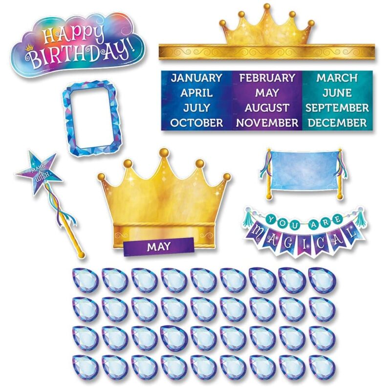 Creative teaching press this colorful mystical magical happy birthday mini bulletin board will help children feel special on their big day!   this enchanting set features a gold birthday crown, sparkling jewels, and a magic wand for making birthday wishes. Children will love wearing the celebratory crown on their special day.   perfect for use in any school, , daycare, or camp setting! This 55-piece birthday mini bulletin board includes: "happy birthday" sign (12. 5" x 5. 5")
36 student jewels (2. 5" x 3. 25")
wearable gold crown (21" x 5. 75")
"make a wish" wand (5" x 12. 25")
blank scroll sign (9" x 5. 25")
12 months of the year (7" x 1. 5")
blank jewel card/photo frame (7. 5" x 5. 5")
"you are magical" sign (12. 5" x 5. 25")
customizable crown sign (13. 5" x 10. 25") mini bulletin board set also includes an instructional guide with display ideas and classroom lesson activities.  