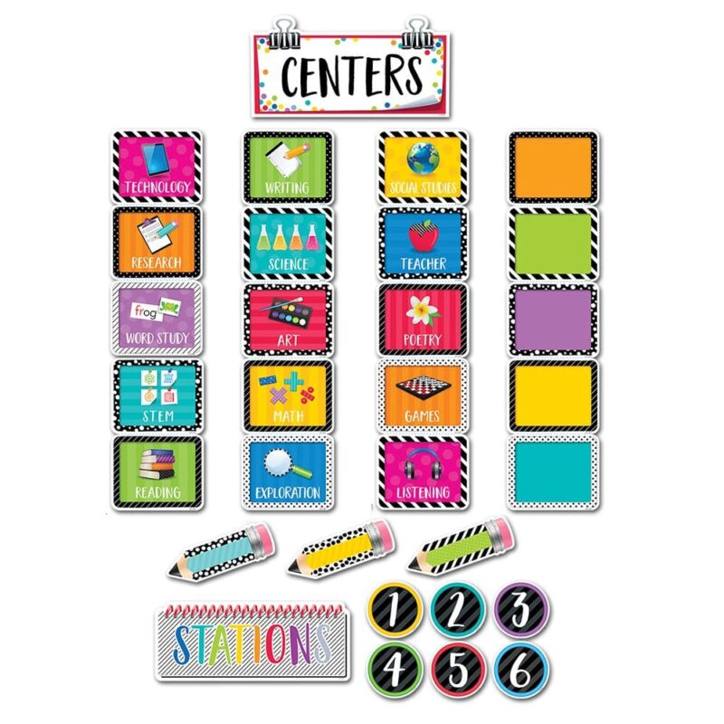 Creative teaching press this bold & bright classroom centers mini bulletin board is a fun and vibrant way to manage classroom centers. This versatile set includes pre-labeled center cards, blank center cards, number cards, and blank labels to adapt to a variety of ways to organize and label classroom centers. This centers mini bulletin board is great for use in a pocket chart, and for posting on a bulletin board or a magnetic whiteboard! 35-piece set includes: 16 prelabeled center cards (technology, research, word study, stem, reading, social studies, teacher, poetry, games, listening, free choice, writing, science, art, math, exploration) (5ó x 4ó) 6 blank center cards (5ó x 4ó) 6 number cards (4ó x 4ó) 5 blank pencils labels (2. 5ó x 7ó) 1 "centers" sign (11ó x 5. 5ó) 1 "stations" sign (13. 5ó x 5. 5ó) tip: use the blank pencils included in this set to write student group names (e. G. Green group or blue table) or days of the week. For example, you could post which center the green group goes to on each day of the week.