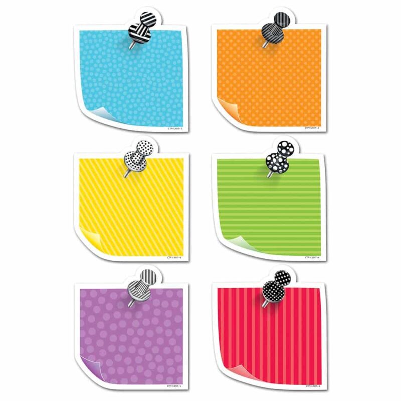 Creative teaching press these versatile sticky notes 6" designer cut-outs feature a rainbow of brightly colored sticky notes - red, orange, yellow, lime green, turquoise, and purple. Each sticky note is patterned with polka dots or stripes and accented with a stylish push pin to create a colorful, modern look. Perfect for use on bulletin boards in a wide variety of classroom, office, , and school settings. They are also great for classroom organization and labeling. 36 per package 6 each of 6 designs approximately 6" note: this product does not have adhesive.
