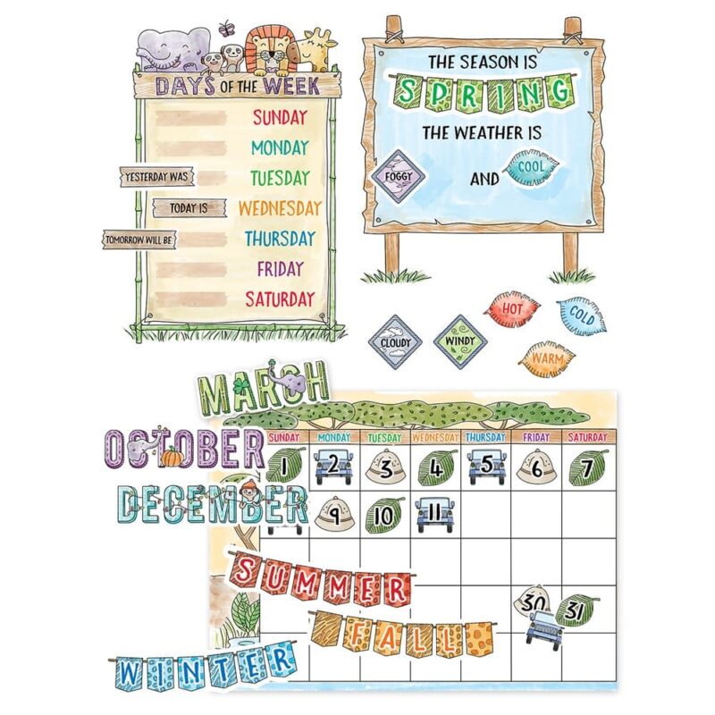 Creative teaching press the safari friends calendar set bulletin board includes all you need for a safari adventureñrugged off-road vehicles, jungle leaves, pith hats, binoculars, acacia trees, and more! The cute wildlife animals will charm you with their colorful prints, twinkling eyes, and sweet smiles. The bright and breezy design is perfect for a variety of classroom themes and displays, including nature, outdoors, exploration, science, animals, the zoo, and more. This 67-piece calendar set features a calendar chart, 12 month headlines, 31 pre-numbered calendar days, and 4 blank calendar days. The set also includes a days-of-the-week chart, a seasons and weather chart, coordinating labels, and safari accents (4 safari leaves, 3 binoculars, and 3 pith hats). The 12 month headlines feature seasonal and animal accents: january - snowflakes; cheetah wearing scarf february - pink hearts; flamingos in love march - shamrocks; elephant with a shamrock april - flowers and clouds; giraffe with kite may - flowers; crocodile with butterfly june - suns; giraffe with sunglasses july - watermelon slice; lion with popsicle august - suns, ice-cream cones, and orange slices; crocodile with ice-cream cone september - apples and pencils; cheetah with pencil october - pumpkin; elephant with candy corn november - fall leaves; zebra with leaves december - string of holiday lights; meerkat with hat bulletin board set also includes an instructional guide with bulletin board ideas, classroom activities, and a reproducible.