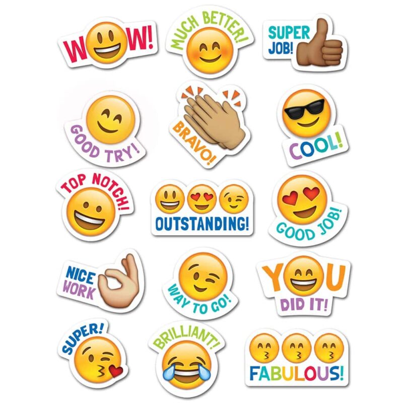 كريتف تيتشيج برس students will love these emoji stickers! Sweet and silly emoji faces along with their rewarding phrases will encourage children with social media and digital style. 75 stickers approximately 1' x 1'