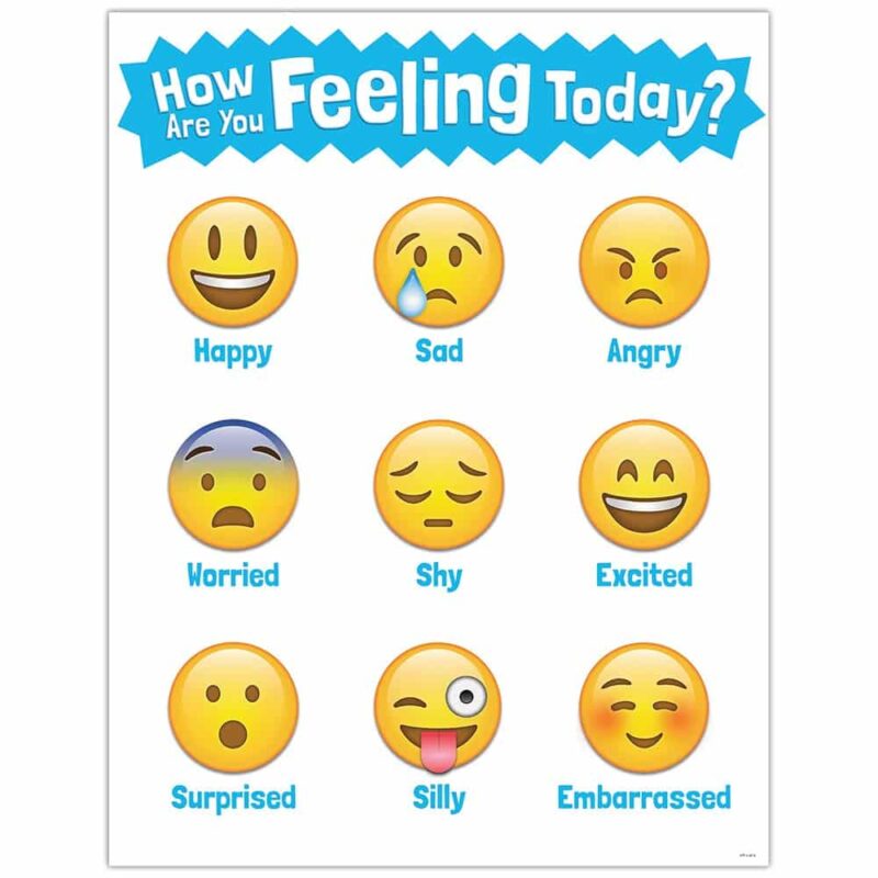 Creative teaching press this how are you feeling today? Chart brings a little bit of social media emoji fun to the classroom. Students will identify with these emoji faces and the feelings that correspond to each. Feelings represented on chart: happy, sad, angry, worried, shy, excited, surprised, silly, and embarrassed. Back of chart includes reproducibles and activity ideas to reinforce skills. Chart measures 17" x 22"