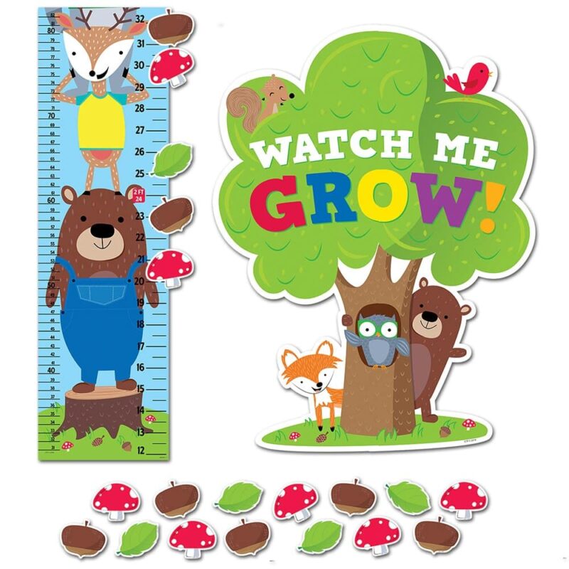 Creative teaching press children will love measuring up next to these adorable woodland friends on this growth chart. The whimsical chart design features an owl, squirrel, rabbit, skunk, hedgehog, fox, raccoon, deer, and bear stacked up tall on a tree stump. Student pieces are acorns, leaves and toadstools. Chart includes inch and centimeter measurements. Perfect for use in the classroom, at home, and even at the doctor"s office! Set includes 40 pieces: "watch me grow! " title piece, 3 growth chart sections, and 36 student pieces to record measurements fully assembled display measures over 6 ½ feet tall!