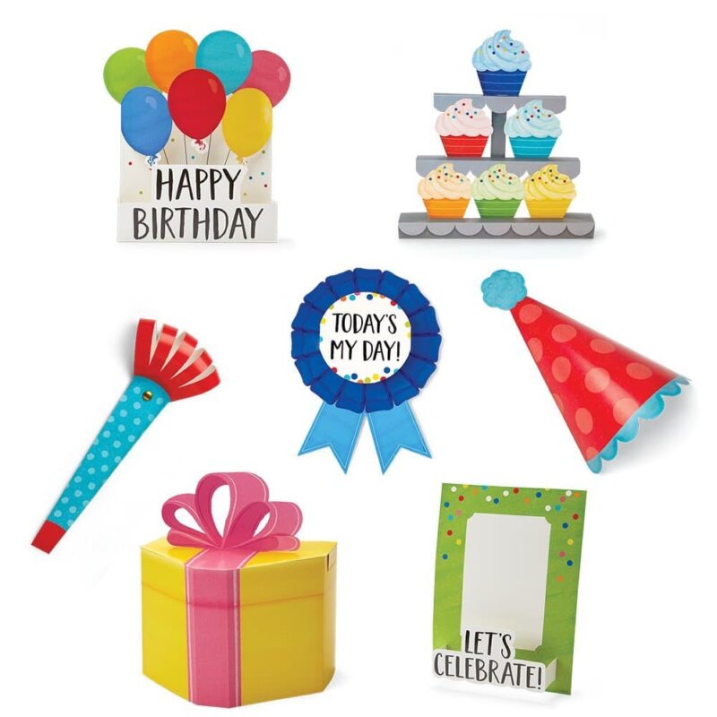 Creative teaching press it's time to celebrate student birthdays with this pop it!! Birthday bulletin board.   this 3-d set brings eye-popping fun to your classroom birthday display.   the fun colors and festive look of this set make it perfect for any classroom, daycare, preschool, or other school setting.   set includes pieces that quickly assemble to make 3-d birthday decor.  
*all measurements are for assembled 3d pieces
set includes pieces to make: a party hat (5. 25"w x 9"h x 2. 75"d)
a "today's my day" birthday ribbon (7. 25"w x 10"h x 1. 25"d)
"let's celebrate" picture frame (6. 5"w x 8. 75"h x 1. 25"d)
a "happy birthday" balloon bundle (9. 5"w x 13"h x 2. 5"d)
a birthday present (7. 5"w x 8. 5"h x 5. 5"d)
a cupcake tower (13. 125"w x 14"h x 1. 25"d)
a noisemaker (4. 5"w x 11. 5"h x 1. 25"d) bulletin board set also includes assembly instructions.