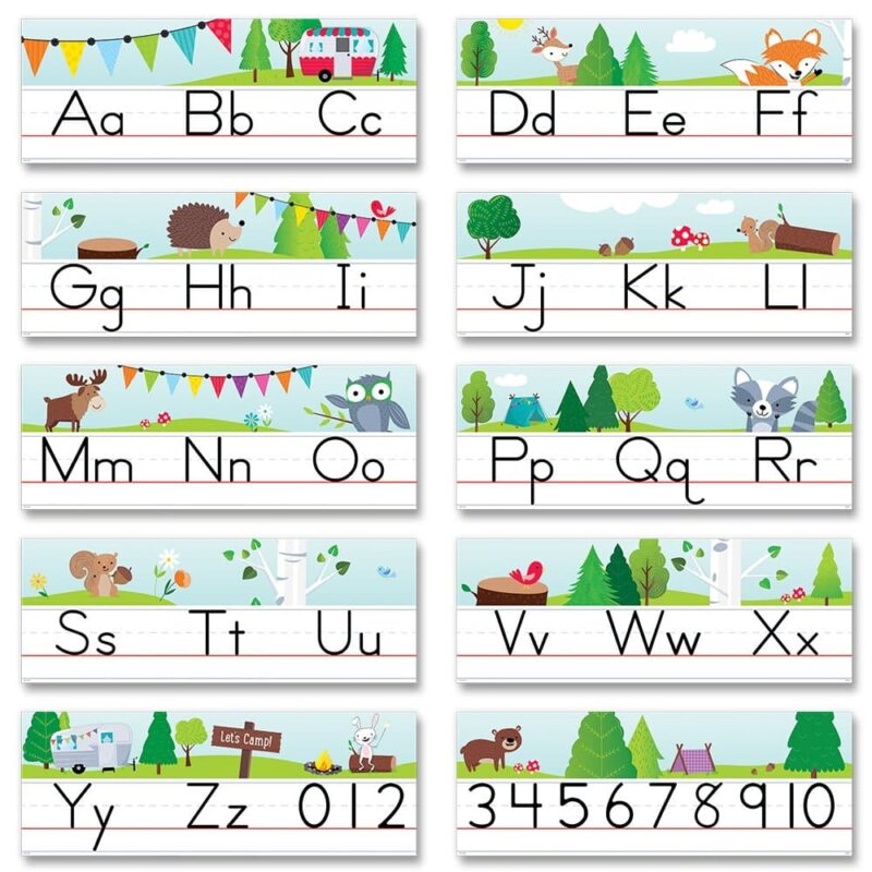 Creative teaching press this traditional manuscript alphabet line bulletin board is accented by warm and fuzzy woodland animals (bear, deer, squirrel, hedgehog, fox, owl, moose, and raccoon). Use this alphabet line as a handy reference for students who are just beginning to write or for older students who need a visual reminder. This set includes easy-to-read uppercase and lowercase letters of the alphabet and numerals 0–9 to reinforce letter and number recognition, formation, and order. Entire alphabet line measures 20' long x 8. 75" high.  
bulletin board set also includes an instructional guide with bulletin board ideas, classroom activities, and a reproducible.