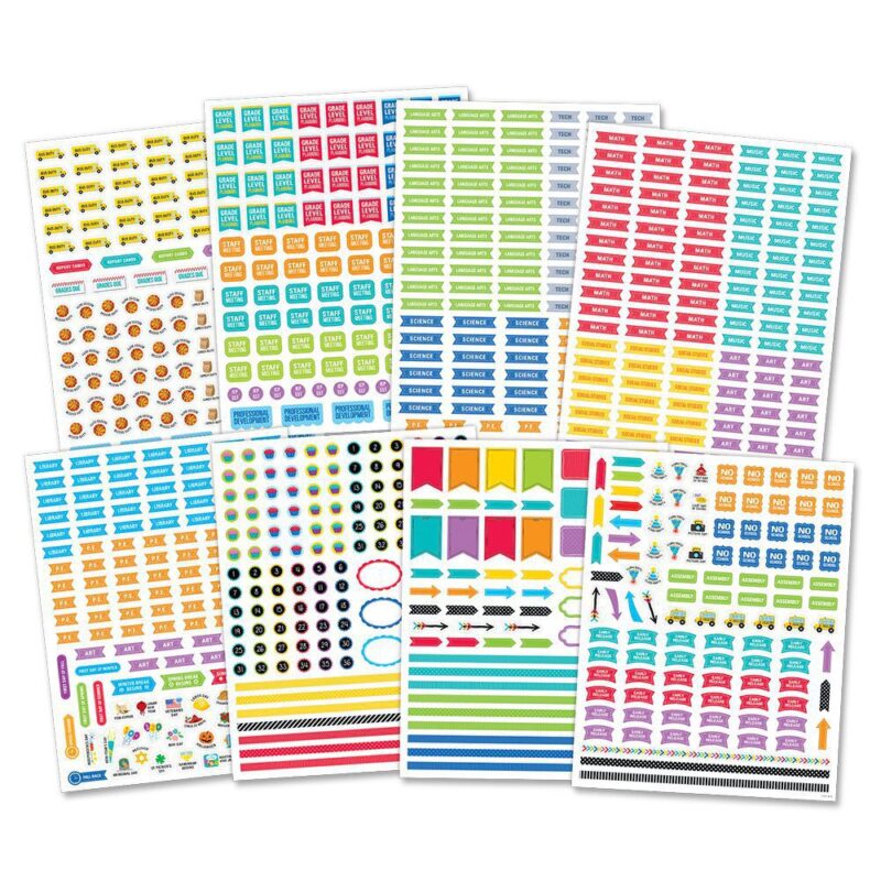 Creative teaching press express yourself, get creative, and be happy when you are planning with these fun lesson planner stickers!   teachers will love these colorful stickers that were developed specifically for teacher lesson plan and record books. This sticker pack includes over 850 stickers to make lesson planning fun! Includes an assortment of planner stickers ideal for marking the events in a teacher"s busy school year:duty (lunch duty, recess duty, bus duty)standardized testingreport cards and grades duegrade level planningstaff meetingconferences and professional developmentiep/sstschool subjects (language arts, computer lab, social studies, science, p. E. , math, music, library, art)school breaks (winter, spring, summer, fall)holidays and no school daysspecial events—class party, assembly, field tripbirthdaysearly releaseorganizational labels, numbers 1-36 (for student numbers), borders, arrowsand more! Over 850 stickers