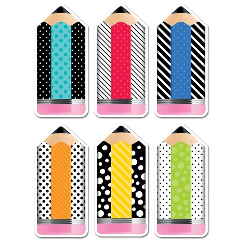 Creative teaching press these striped & spotted pencils 6" designer cut-outs are a new take on the classic wooden pencil. The bold dots and striped patterns along with the rainbow of bright colors (turquoise, red, yellow, green, blue, and orange) give these versatile cut-outs a modern twist. 72 per package 12 each of 6 designs approximately 6"