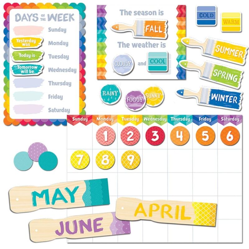 Creative teaching press give your year a vibrant look with this 67-piece calendar set. Includes a calendar chart (24" × 17 ½"), 12 month headlines, 31 pre-numbered calendar days, 4 blank special event labels, a days-of-the-week chart, a seasons and weather chart with coordinating labels, and a 4-page guide with display ideas, activities, and a reproducible. 5 sheets - 67 pieces