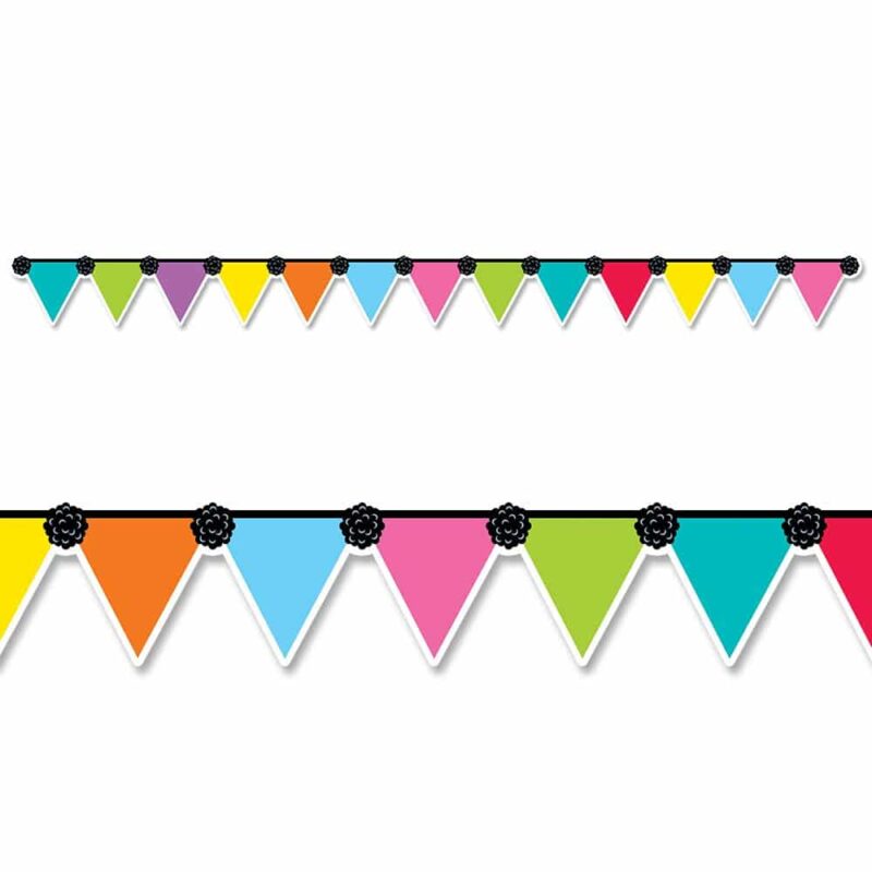 Creative teaching press a party isn't complete without pennants!   this festive pennant party border depicts a rainbow of colored pennants on a black string with black pom-pom accents! The versatile color palette will nicely accent any birthday or other celebratory bulletin board at a school, office, , college dorm, or senior living residence. 35 feet per package
width: 3"