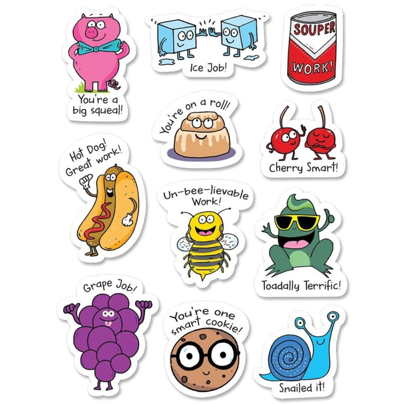 كريتف تيتشيج برس these reward stickers are un-bee-lievable!   the pun humor is toadally terrific!   students will love these so much pun! Punny rewards stickers!   these funny school memes are perfect for rewarding students and telling them they did a "grape job! "school puns included on these stickers:
you're a big squeal! (pig)
ice job! (ice cubes)
souper work! (soup can)
hot dog! Great work! (hot dog)
you're on a roll! (cinnamon roll)
cherry smart! (cherries)
un-bee-lievable work! (bee)
toadally terrific! (toad)
grape job! (grapes)
you're one smart cookie! (cookie)
snailed it! (snail)
so much pun! Is a décor collection that highlights the humorous use of words and phrases that are alike or nearly alike in sound but different in meaning.   the smp collection uses wordplay to bring a fun and lighthearted vibe to the classroom that students and teachers will love. Approx. 1. 25" to 2"
55 stickers per pack
acid-free
coordinates with so much pun! Products.