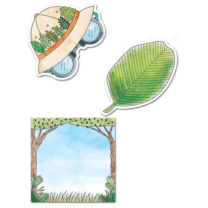 Creative teaching press get ready for a wild adventure with these safari fun 6" designer cut-outs. This set features 3 designs: a pith hat with leaves and binoculars, a jumbo green safari leaf, and a card with a serene safari scene featuring acacia tree and grasses. These cut-outs are perfect for use in a variety of classroom themes, including outdoors, exploration, science, nature, animals, the zoo, and more! Also great for summer camp programs. 36 pieces per package 12 each of 3 designs approximately 6"