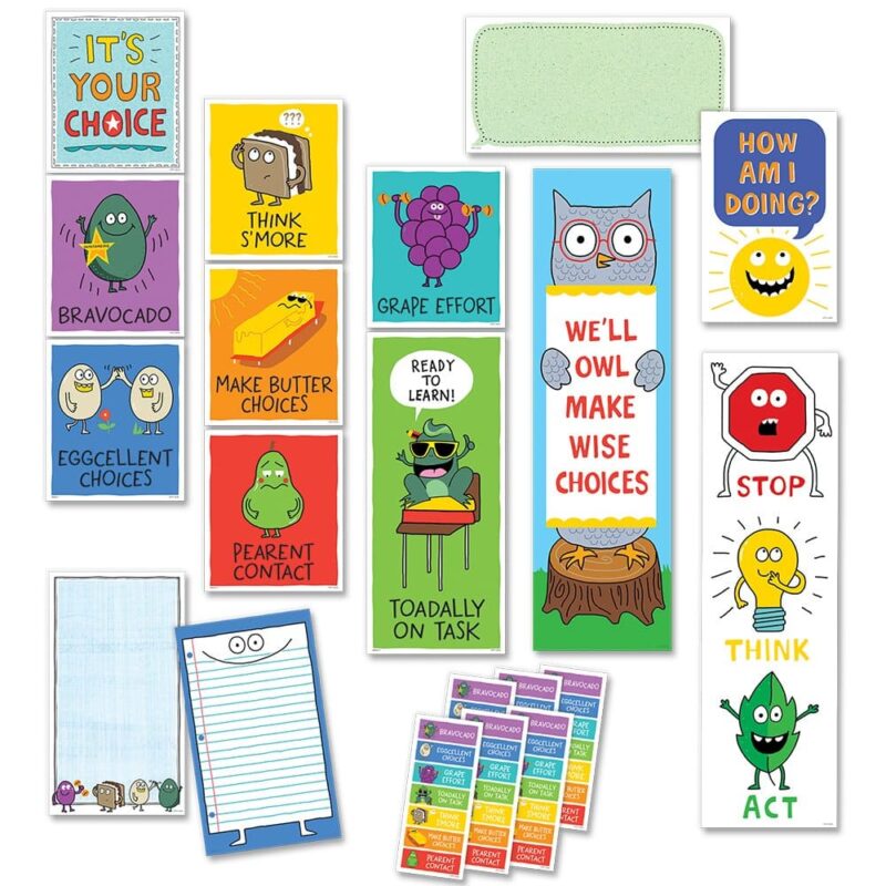 Creative teaching press this so much pun! Behavior clip chart is a whole-class management tool that will help students keep track of their behavior throughout the day and develop personal accountability for their choices. This colorful 20-piece classroom management set contains 9 preprinted behavior clip chart pieces, 2 customizable blank behavior clip chart pieces, 1 blank label, 6 desktop behavior clip charts, and 2 motivational messages ("stop. Think. Act. " sign featuring a stoplight and a "we"ll owl make wise choices" sign).   behavior chart includes different colors to indicate each level of behavior management: purple—bravocado (avocado wearing a star, outstanding), blue—eggcellent choices (2 eggs high-fiving), turquoise—grape effort (bunch of grapes lifting weights), green—ready to learn! (frog with "toadally on task" speec bubble), yellow—think s"more (s"more), orange—make butter choices (stick of butter melting in the sun), and red—pearent contact (pear with sad face). The cute images and funny puns will help students monitor their behavior in a lighthearted way. So much pun! Is a décor collection that highlights the humorous use of words and phrases that are alike or nearly alike in sound but different in meaning. The smp collection uses wordplay to bring a fun and lighthearted vibe to the classroom that students and teachers will love. Assembled chart measures 6" x 63"additional desktop behavior clip charts (ctp 5554) are sold separately.  tip: this set is flexible to your classroom management style! Based on the needs of your class, you may wish to limit the number of choices you display or you may use the additional blank behavior chart pieces to create additional/different behavior categories. Mini bulletin board set also includes an instructional guide with display ideas and classroom lesson activities.  coordinates with so much pun! Products.  