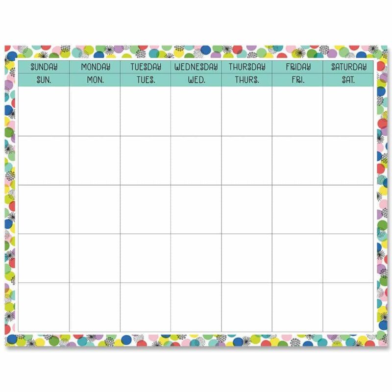 Creative teaching press this color pop calendar chart will bring a pop of color to your classroom calendar display.   it features big squares for writing in dates or for posting calendar days, 3" calendar cut-outs, or 3" designer cut-outs.   use this large classroom calendar during any daily calendar lesson or circle time at a preschool, elementary school, or daycare. Chart measures 28" x 22"
pair with ctp 8797  color pop calendar days and ctp 8799 color pop months of the year mini bulletin board.