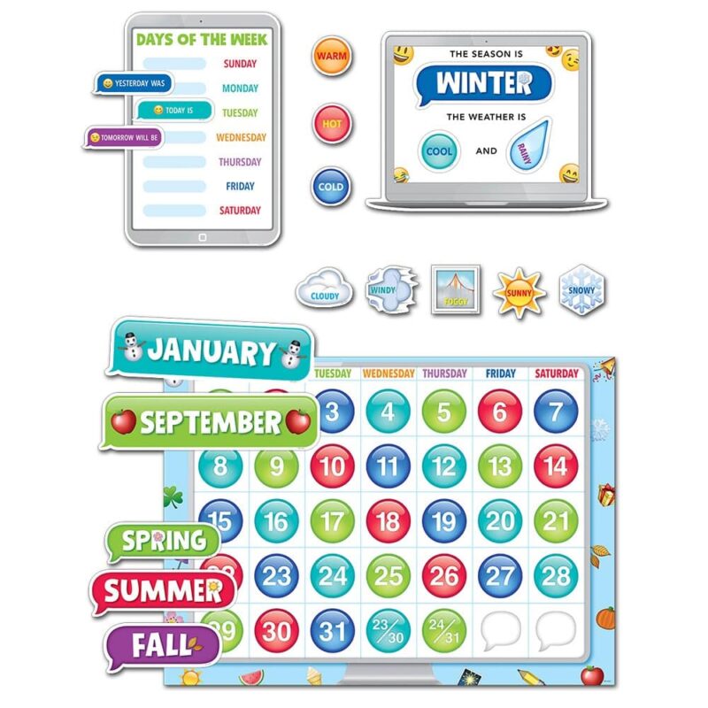 Creative teaching press the emoji fun calendar set bulletin board brings the sweet, silly, smiley emoji faces and icons to your calendar bulletin board. Students will love the emoji faces and icons on the calendar all year long! This calendar set includes a calendar chart, 12 month headlines, 31 pre-numbered calendar days, and 4 blank calendar days. The set also includes a days-of-the-week chart, a seasons and weather chart, and coordinating labels. The emoji faces make this set perfect for non-readers, non-english speaking students (esl/ell), and children and adults of all ages. Social media lovers will love the emoji fun collection! Sweet and silly emoji faces will bring a bit of digitally inspired fun to any classroom, , daycare, or other school setting! Bulletin board set also includes an instructional guide with bulletin board ideas, classroom activities, and a reproducible.