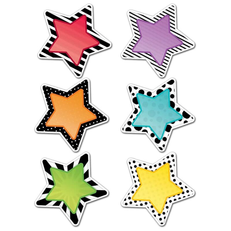 Creative teaching press these star 10" designer cut-outs are a great combination of bright colors and bold patterns. Each large star features a brightly colored center (yellow, green, turquoise, orange, purple, or red) framed by a black and white dotted or striped edging. The large size makes these stars fun to use in a large space such as a hallway, a gymnasium, or an over-sized bulletin board. Put them back to back and hang them from the ceiling or in a window. These stars are perfect for use in a variety of classrooms and with students of all ages! 12 pieces per package 2 each of 6 designs approximately 10"