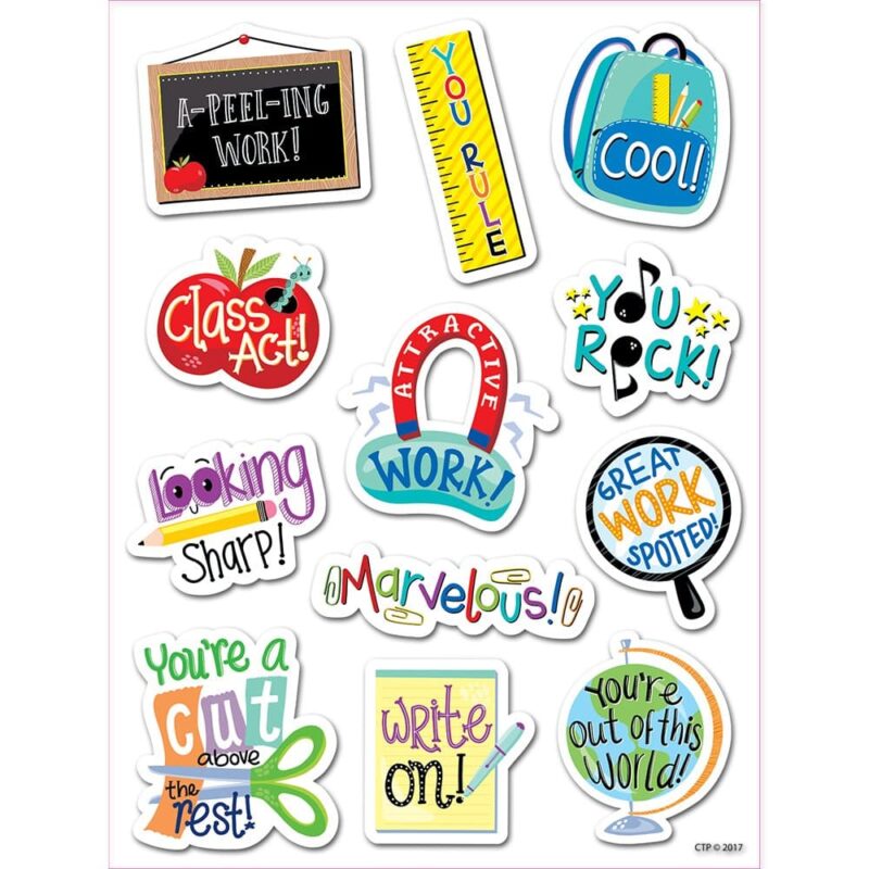Creative teaching press these fun and playful student rewards stickers feature inspirational phrases and witty puns for a variety of classroom needs. Tell students "you rule! ", "write on", and "you rock. " designs feature a variety of iconic school images, including a chalkboard, pencils, paper clips, a backpack, a notepad, a globe, scissors, and more. Approximately 1 ¼" x 1 ½" 60 stickers acid-free teachers and parents have been using our stickers as incentives to motivate and reward children for decades. Being rewarded for a job well done, chores completed, a good grade, or even a good effort makes children feel proud of themselves and believe that their accomplishment (no matter how small) was important.