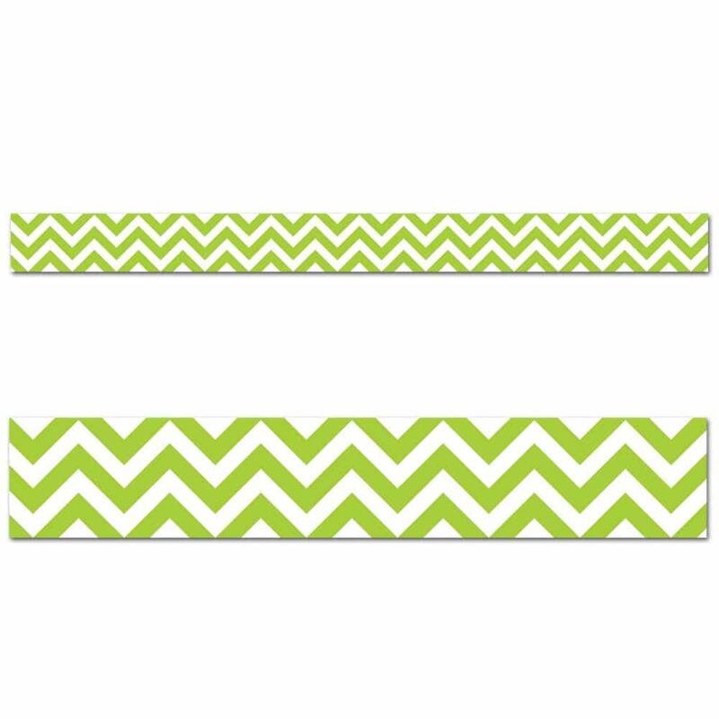 Creative teaching press get inspired with chevron! Add eye-catching flair to bulletin boards, doors, and common areas with this fun pattern! The bright color and modern design of this lime green chevron border will be a fun trim on any bulletin board or classroom display. 35 feet per package width 3"