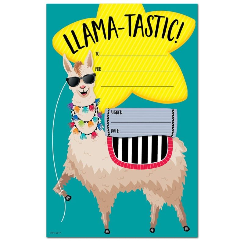 Creative teaching press this colorful llamatastic! Award features a charming llama and a rewarding message that students will love. This colorful student award is the perfect certificate for children in a wide range of age or grade levels. Use this reward certificate for recognizing outstanding behavior, super effort, classroom achievement, or positive attitude. Bonus: awards are printed on sturdy paper stock so they can be enjoyed for years to come. 30 colorful awards per package 5 ½" x 8 ½"