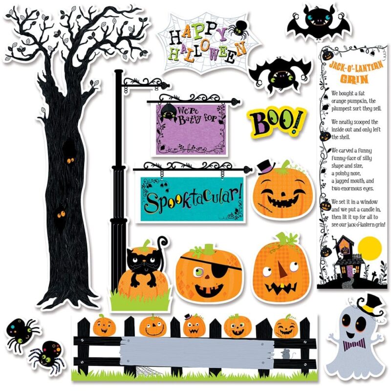 Creative teaching press this 18-piece set offers a “spooktacular” way to dress up the classroom for the haunted holiday. Use the pieces to enhance student work displays, an october calendar, whiteboards, doors, and hallways. Set contains 1 easy-to-assemble tree, 3 large jack-o’-lanterns, 1 pumpkins on a fence display, 1 sign post with 2 interchangeable signs, 2 festive display messages, 1 spider web accent, 2 spiders, 2 bats, 1 ghost, 1 halloween poem, and a guide with activity and display ideas. Pieces range in size from 3 ½" x 2 ½ " to 6" x 21" 18 pieces create inspiring bulletin boards for your classroom, organize your space in style, or personalize everyday items with pieces from our bulletin board sets. For more ideas visit our creative galleries.