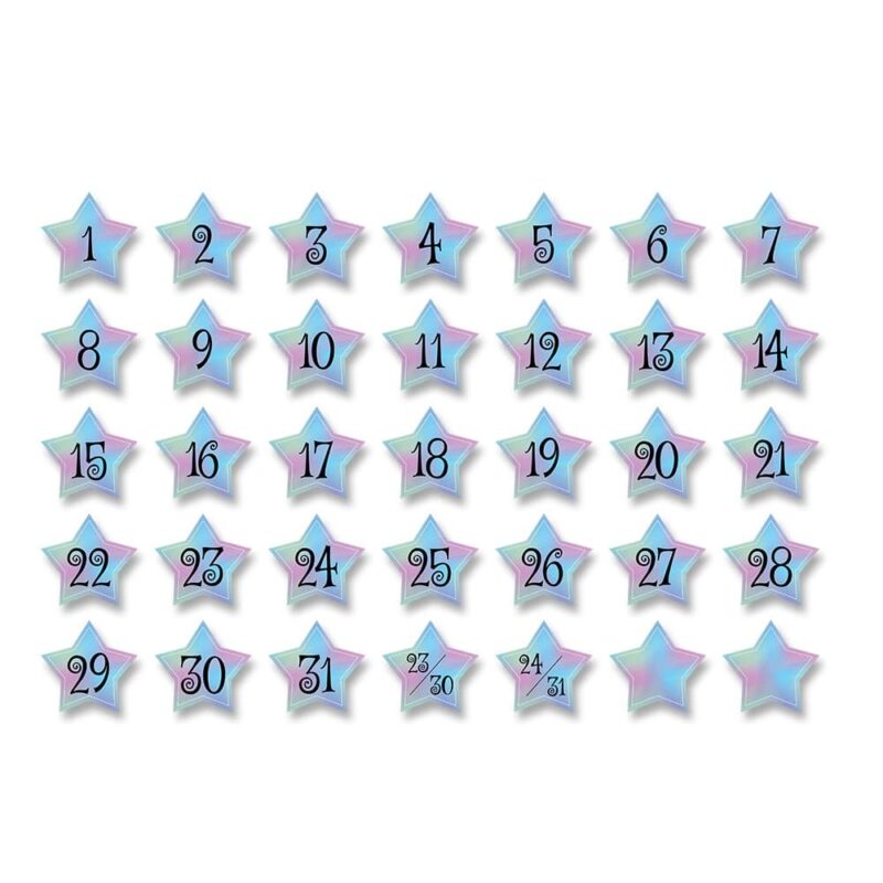 Creative teaching press these iridescent-looking mystical magical calendar days are sure to be the "star" of your classroom calendar.   pack contains 31 number days, 2 combined number days (23/30 and 24/31) and 2 blank days for highlighting special events or holidays and recognizing birthdays. Calendar days are great for use on a classroom calendar during the daily calendar lesson or circle time. They can also be used as student numbers to label cubbies, folders, desks, and more! Size: approximately 2 ¾" x 2 ¾"
35 pieces