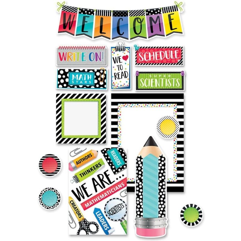 Creative teaching press the bold & bright welcome bulletin board has a smart and simple look that will brighten any classroom space. The set features bold black and white designs contrasted by pops of bright colors making it a colorful way to welcome students back to school! Stripes, dots, and spots combine with playful school supply accents such as binder clips, push pins, sticky notes, and corkboard to add color and texture to this modern set. The 46-piece set includes: 1 welcome pennants banner 1 oversized blank pencil 36 student pieces 5 subject headlines (we love to read, math stars, write on! , super scientists, schedule) 1 motivational "we are" chart (we are authors, thinkers, readers, mathematicians, scientists, leaders, creators) 1 blank chart 1 blank mini-sign bulletin board set also includes an instructional guide with bulletin board ideas, classroom activities, and a reproducible.