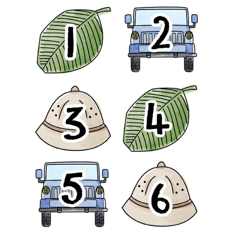 Creative teaching press these safari friends calendar days will make every day feel like a safari adventure! This playful set features 3 designs: a safari leaf, an off-road vehicle, and a pith hat. Pack contains 31 numbers days (designs form an abc pattern) and 4 blank days for highlighting special events or holidays and recognizing birthdays. Calendar days are great for use on a classroom calendar during the daily calendar lesson or circle time. They can also be used as student numbers to label cubbies, folders, desks, and more! Size: approximately 2¾" x 2¾" 35 per package