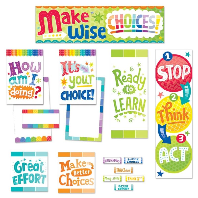 Creative teaching press help students keep track of their behavior throughout the day and develop personal accountability for their choices with this whole class management tool. This eye-catching 21-piece set contains 9 pre-printed behavior chart pieces, 1 customizable blank chart piece, 3 blank labels, 6 desktop behavior clip charts, and 2 motivational messages. Behavior chart includes a different color to indicate each level of behavior management: outstanding (purple), excellent choices (blue), great effort (turquoise), ready to learn (green), think about it (yellow), make better choices (orange), parent contact (red). Assembled chart measures 6? X 63" 21 pieces