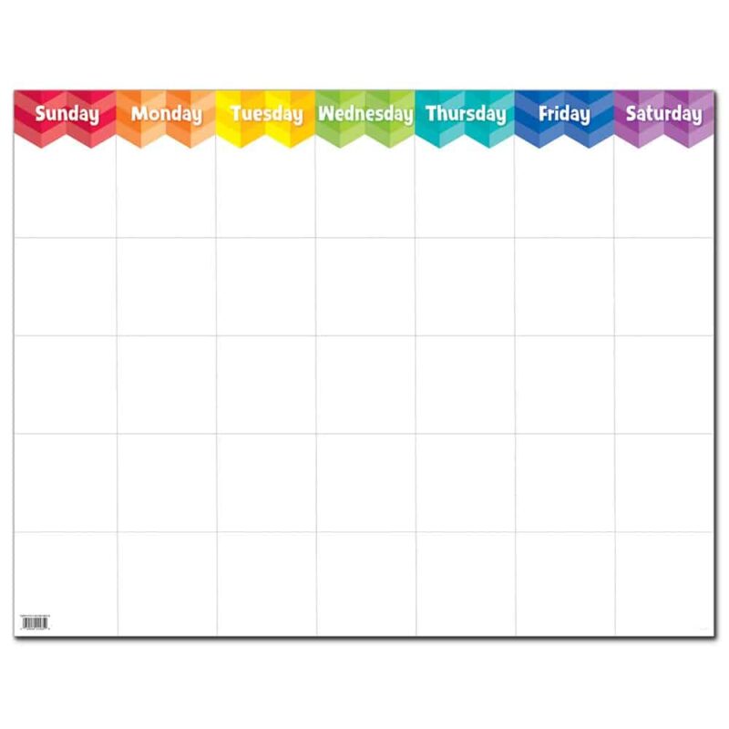 Creative teaching press give your year a vibrant look with this calendar chart. Features big squares for writing in dates or for posting calendar days or calendar cut-outs. Calendar measures 28" x 22" 4 color