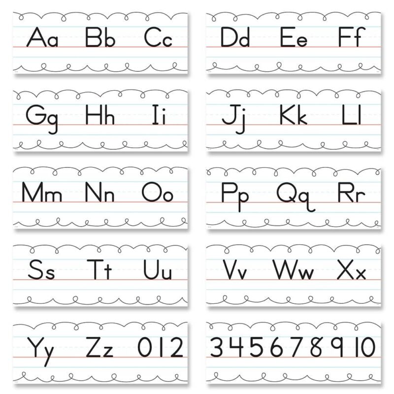 Creative teaching press simple and easy to read, this traditional manuscript alphabet line bulletin board provides a quick and clear reference for students who are learning handwriting.   this set includes uppercase and lowercase letters of the alphabet and numerals 0–10 to reinforce letter and number recognition, formation, and order. Entire manuscript alphabet line measures 20' w x 8. 75" h.  
bulletin board set also includes an instructional guide with bulletin board ideas, classroom activities, and a reproducible.
