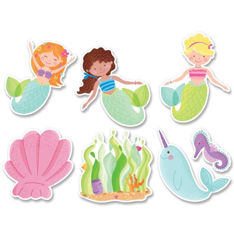 Creative teaching press go under the sea with these mermaid fun 6" designer cut-outs. They can be used as labels for storage bins, desk tags, accents on bulletin boards, writing prompts, learning center activities, and more! Create a bulletin board or student project around these themes: "dive into a great book," "swimming into summer (or insert any topic)," and "happy to sea you! " for a back-to-school themed bulletin board. 42 pieces per package 6 each of 3 mermaid designs (18 mermaids) 6 each of 4 designs (seaweed, seashell, narwhal, seahorse)