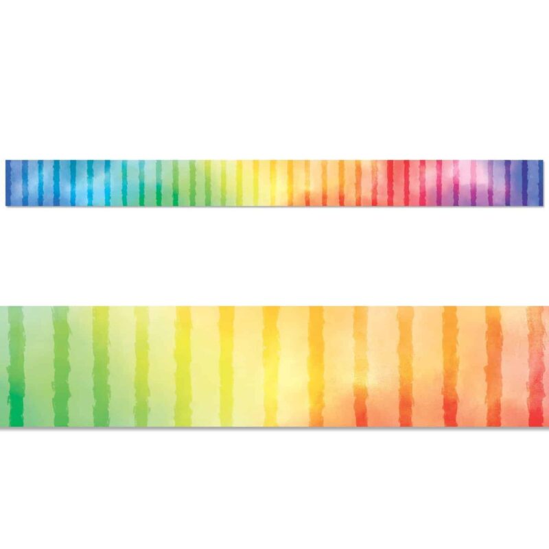 Creative teaching press whispering watercolors flow together to create this dream-like rainbow row border.   this charming rainbow border can be used in so many ways, including bulletin boards about spring, st. Patrick's day, science, weather, diversity, and more! 35 feet per package
width: 3"